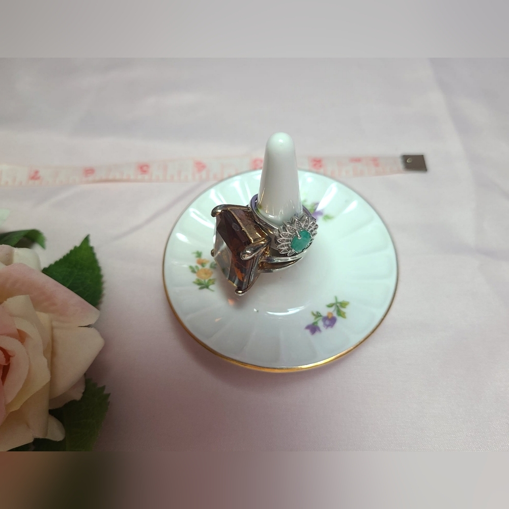 Vtg Crown 1877 GDR Porcelain Ring Holder - Floral & Gold Gilt Germany 💜